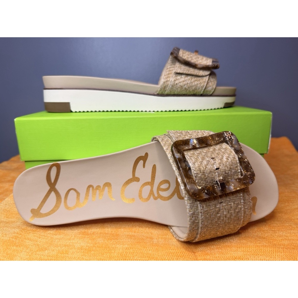 Sam Edelman Tan Raffia Slide Sandals with Tortoiseshell Buckles - Picture 2 of 5